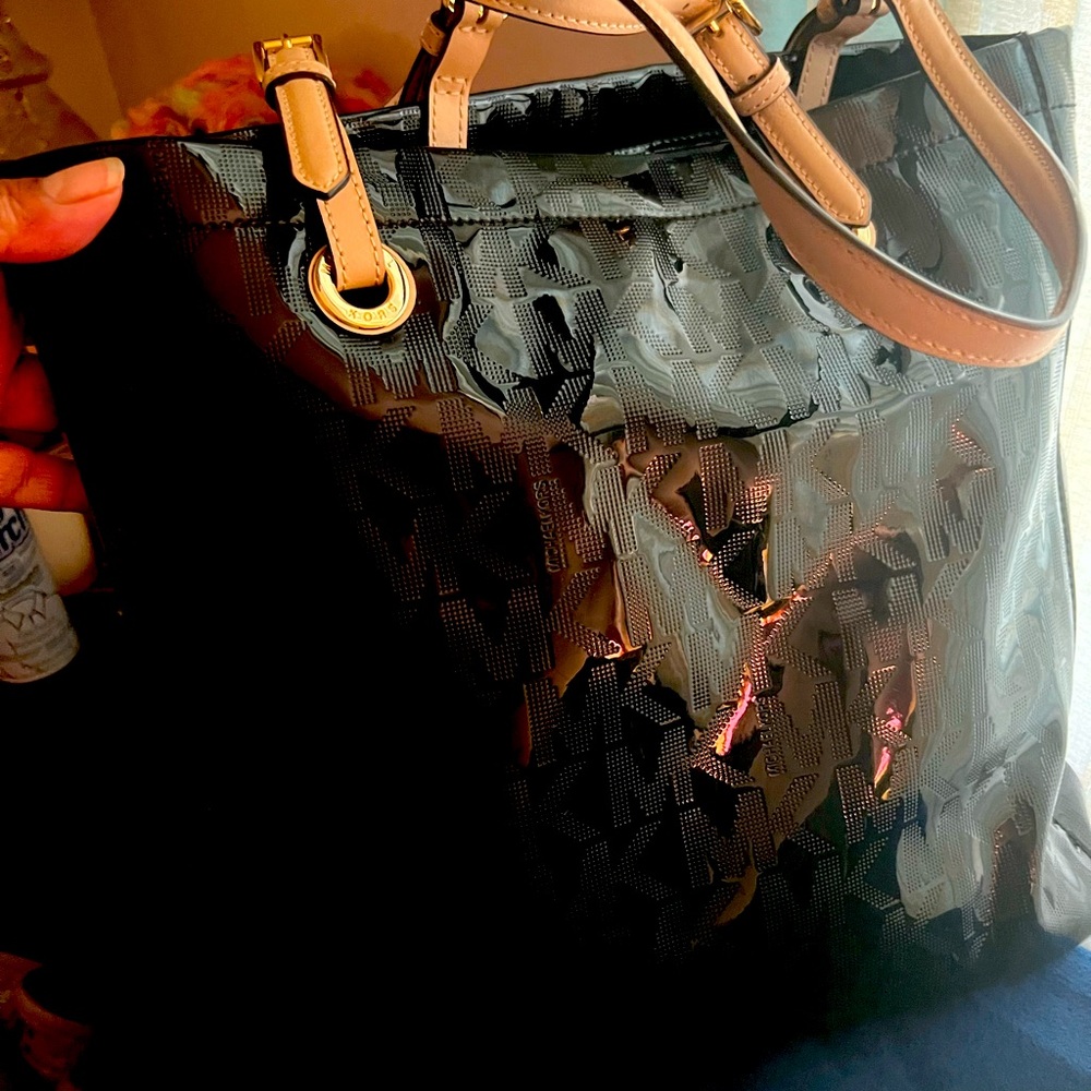 Black patent leather tote bag